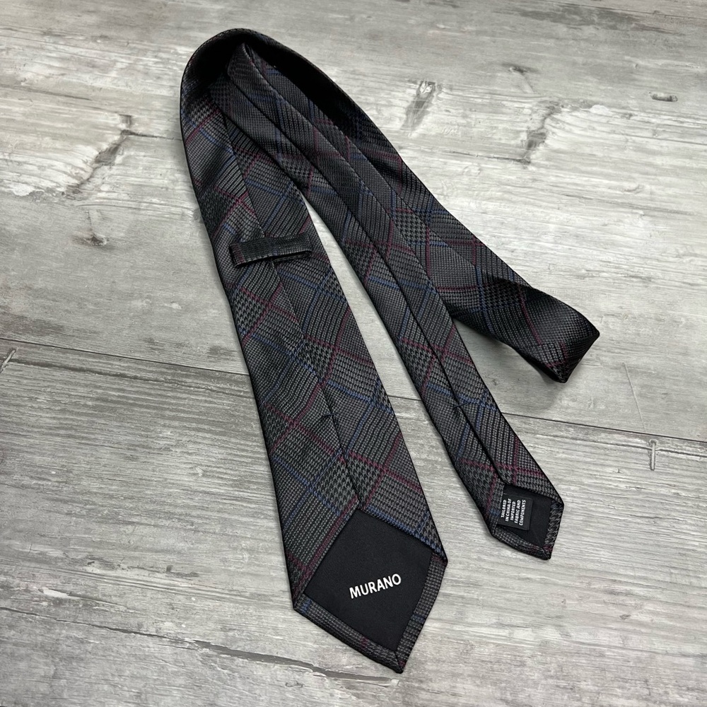 Murano Grey w/ Blue & Cranberry Plaid Silk Tie - Picture 2 of 4